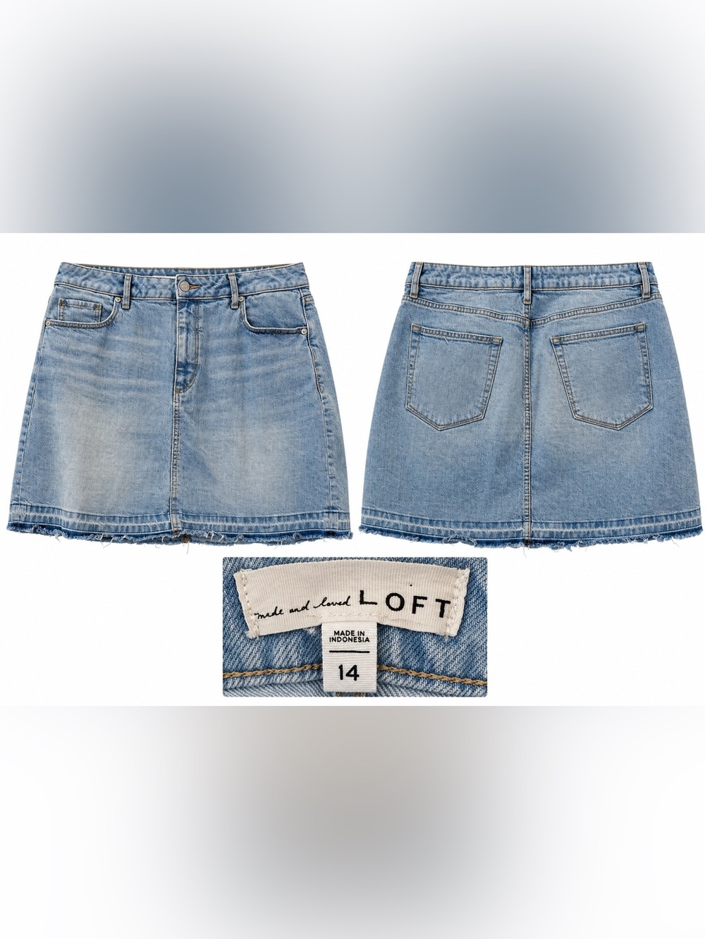 LOFT Denim Mini Skirt, Light Wash, Raw Hem, Size 14